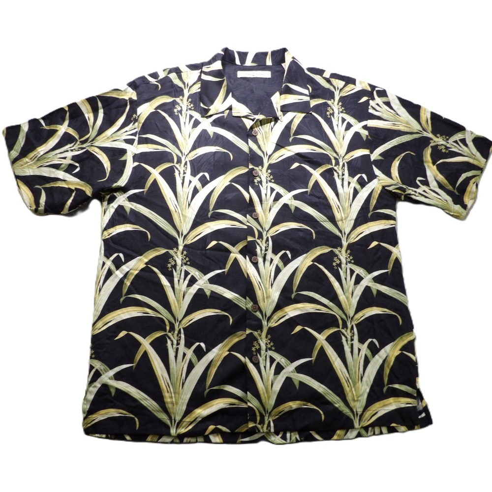 VTG 90s Tommy Bahama Hawaiian Silk Button Men Tropical L Camp Loop Collar AOP
